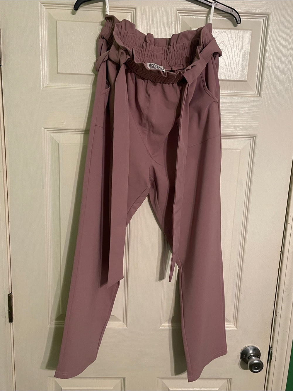 Grace Karin Rose Mauve Paperbag Waist Straight Leg Pants